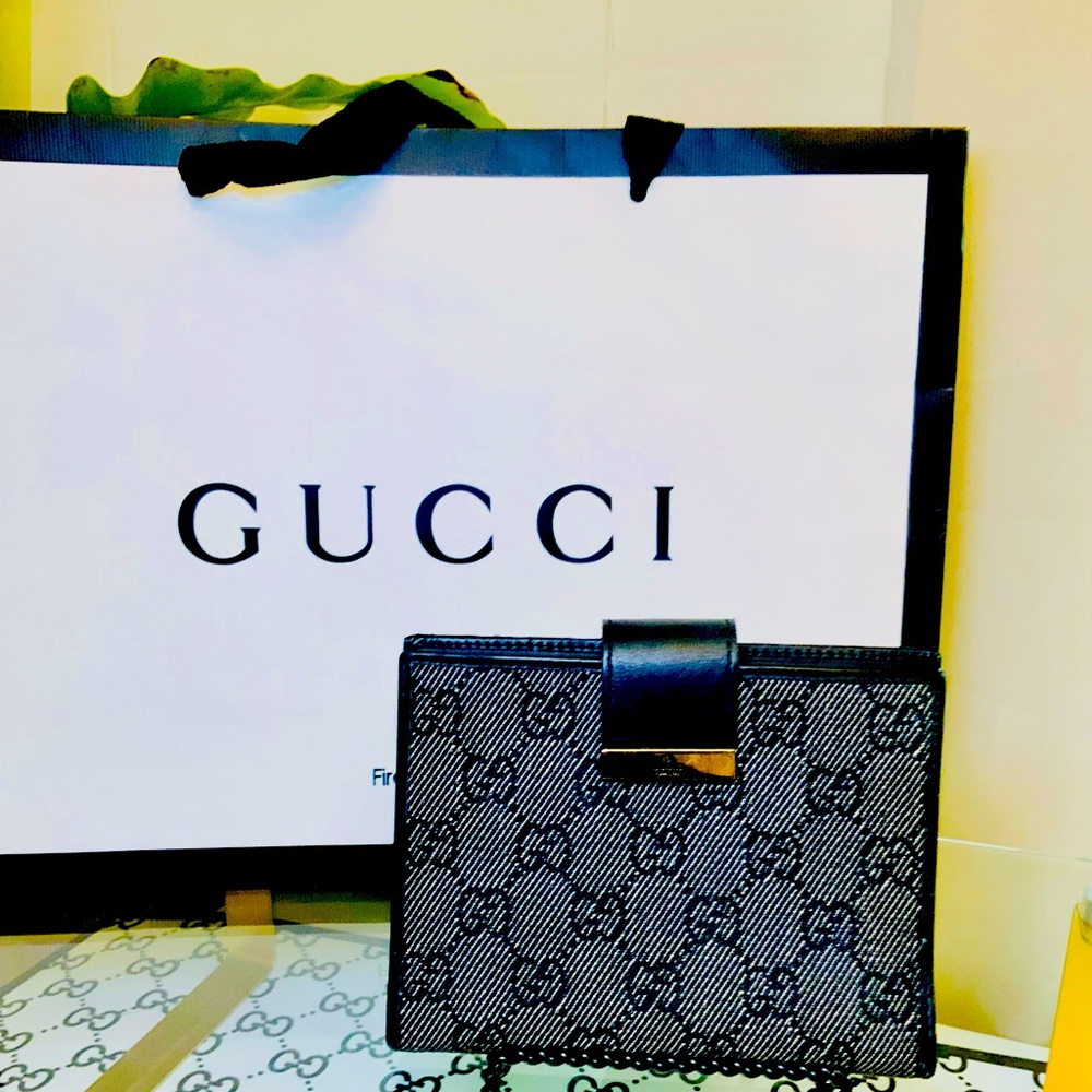 “HP” GUCCI Web Black GG Logo Agenda Notebook/Passport Cover EUC